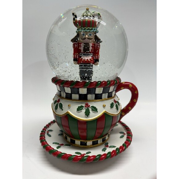 MacKenzie-Childs Other - MacKenzie Childs Christmas Snow Globe Musical Tea Cup Nutcracker 8 1/2" Tall